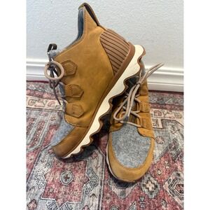 Sorel Kinetic Short Waterproof Boots Tan Leather Grey Felt NL3372-224 Womens 8.5